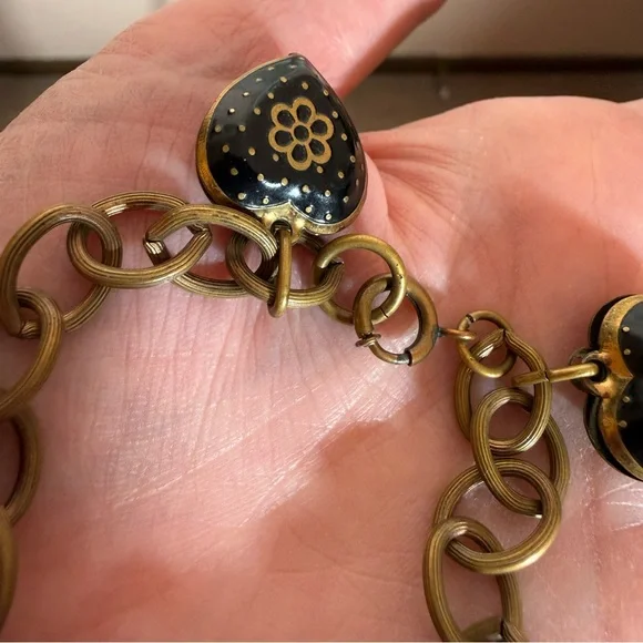 Antique Victorian revival art deco Brass Black enamel Heart Charm bracelet - Picture 17 of 17